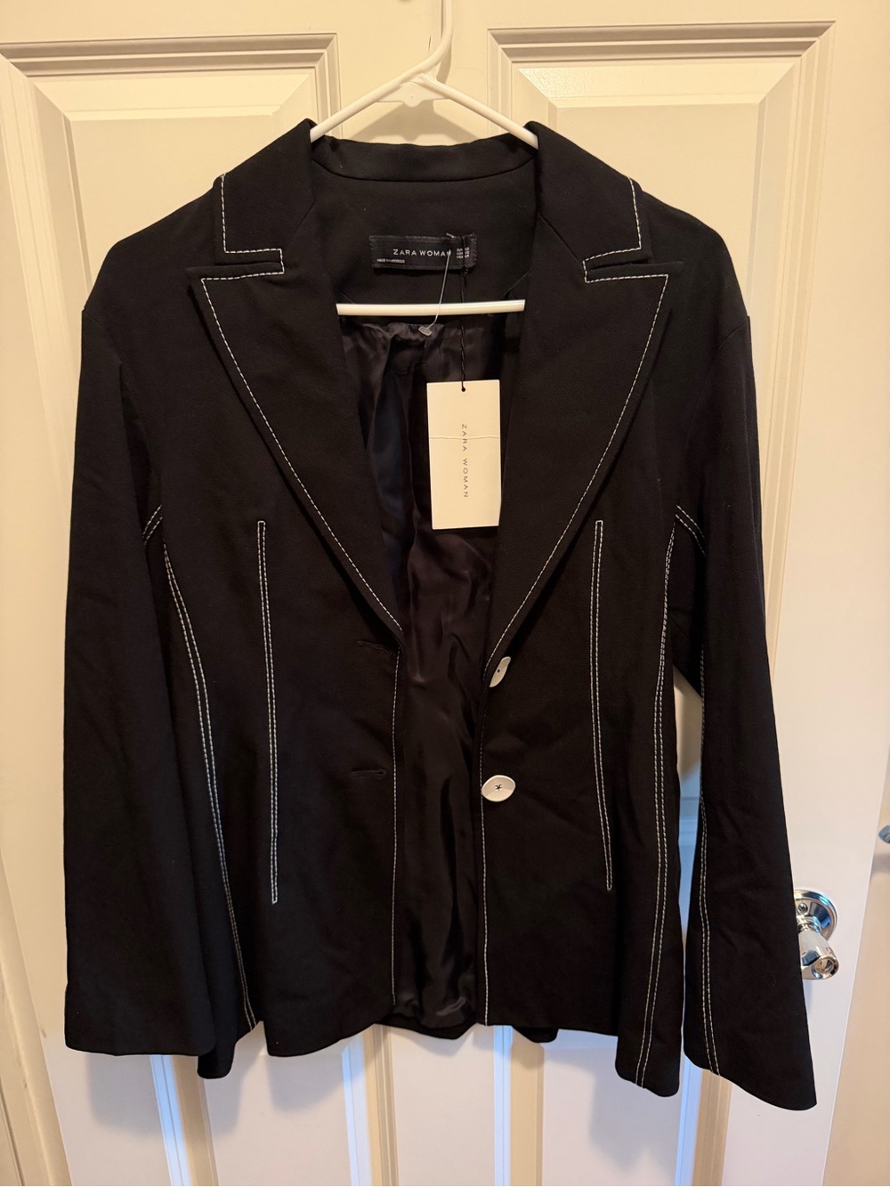 Zara Black Blazer with White Contrast Stitching